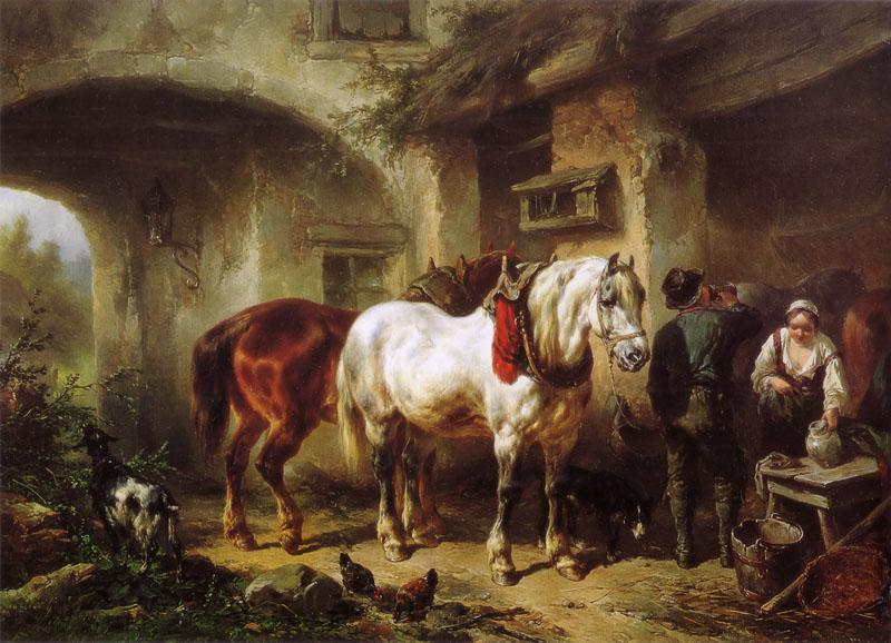 Wouterus Verschuur Horses and people in a courtyard Germany oil painting art